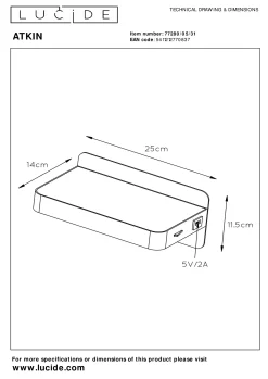 ATKIN - Bedlamp / Wandlamp - LED - 1x6W 3000K - Met USB oplaadpunt - Wit*Lucide Flash Sale