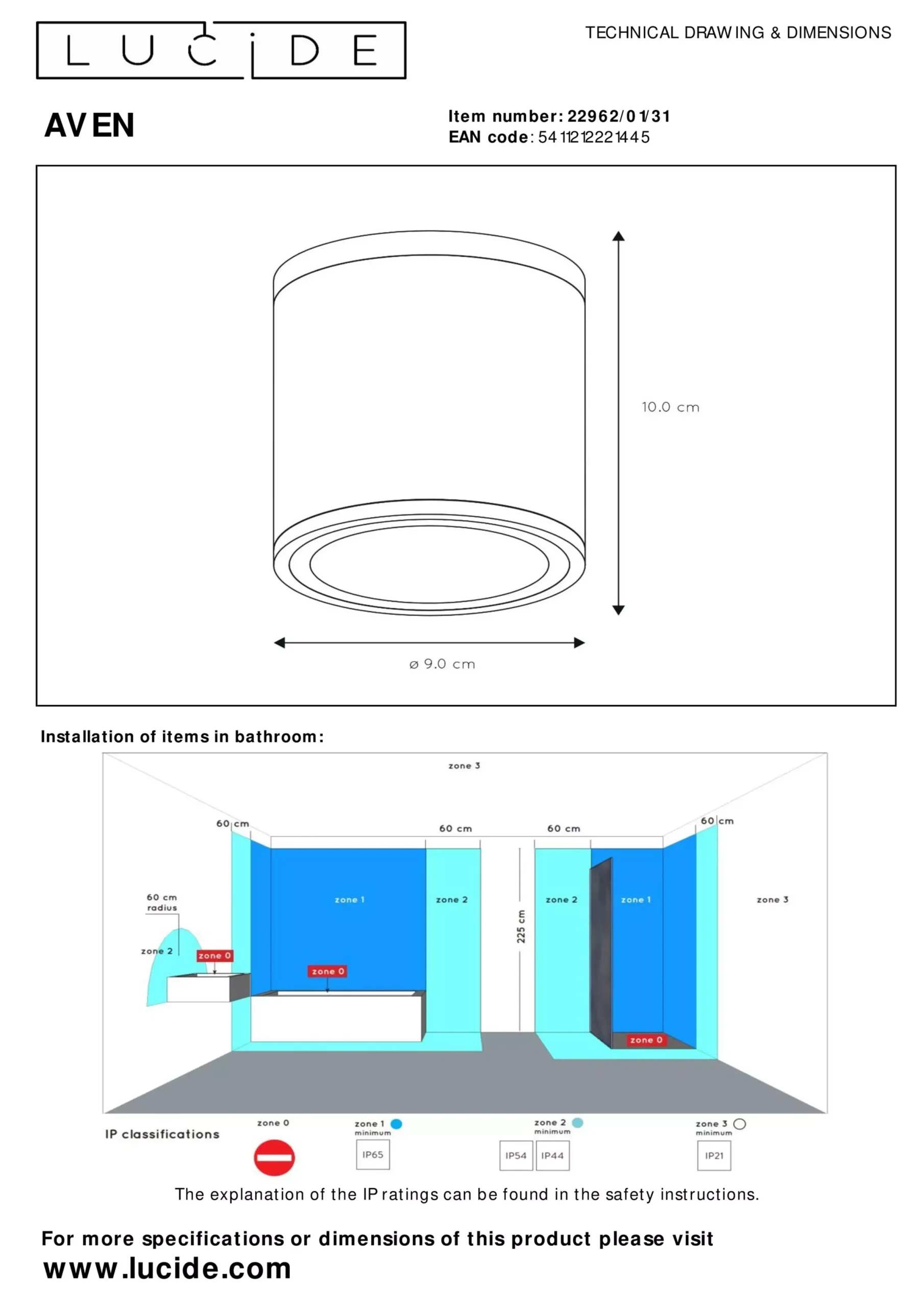 AVEN - Plafondspot Badkamer - Ø 9 cm - 1xGU10 - IP65 - Wit*Lucide Outlet