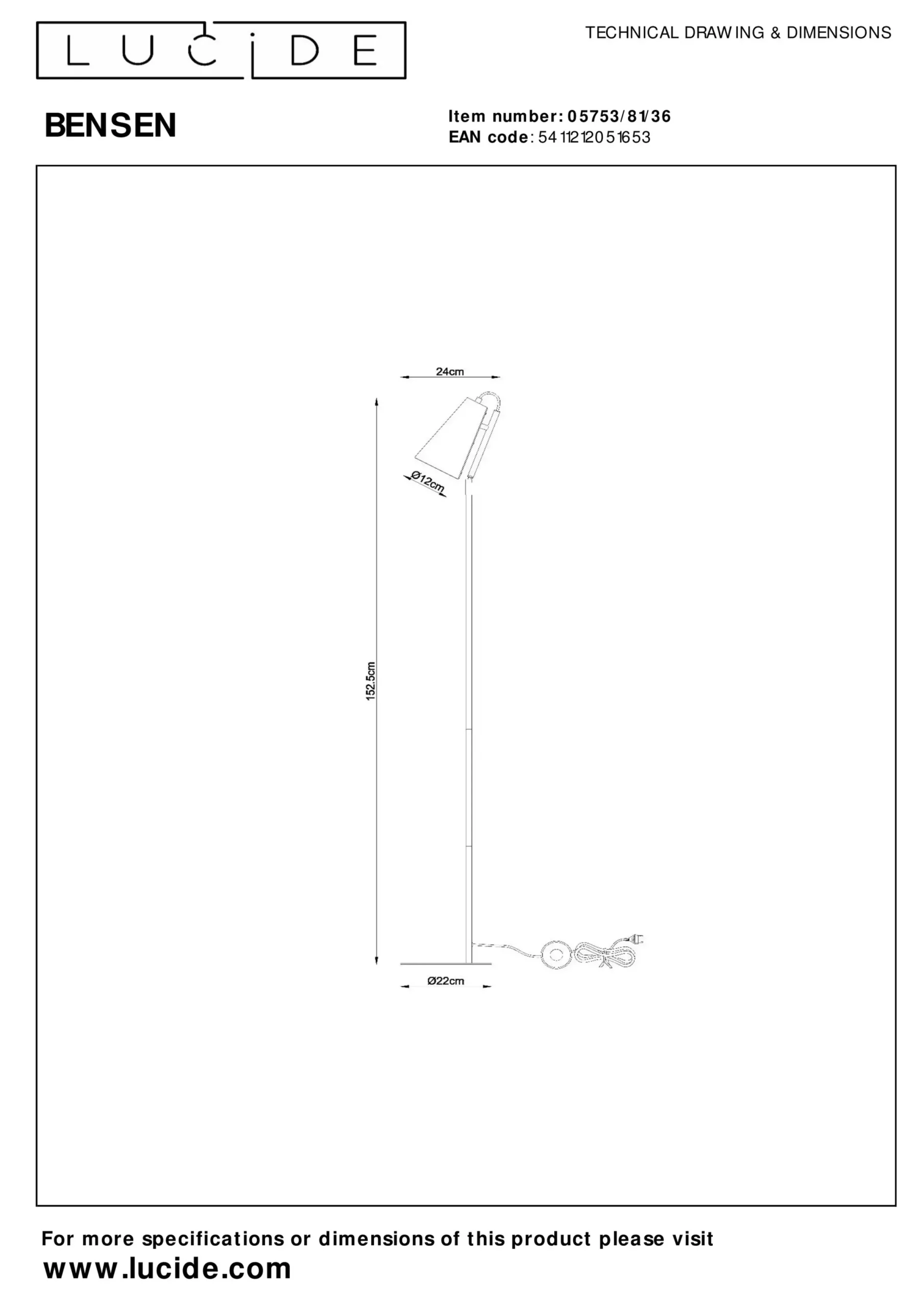 BENSEN - Vloerlamp - 1xE14 - Grijs*Lucide New