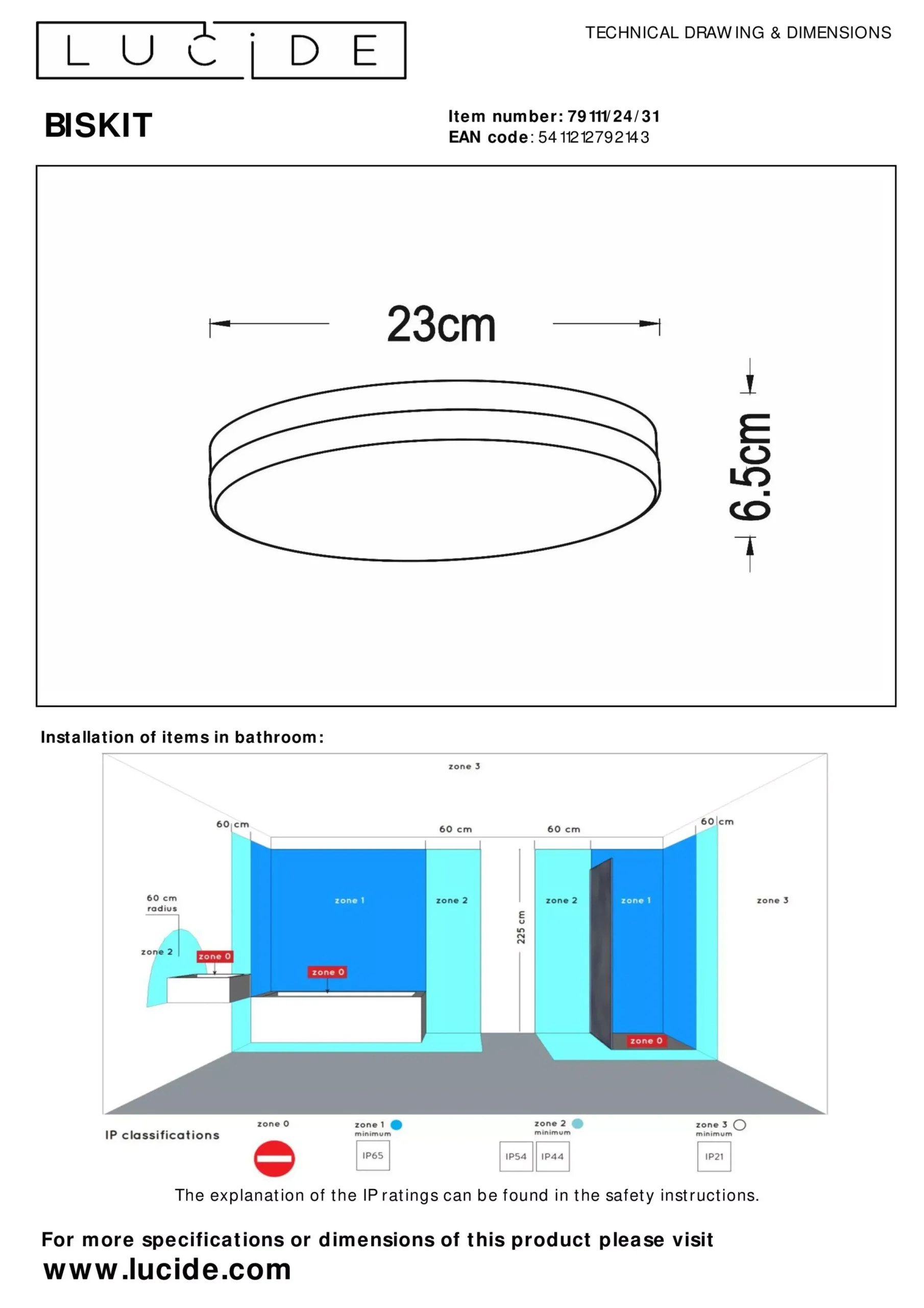 BISKIT - Plafonnière Badkamer - Ø 23 cm - LED - 1x12W 2700K - IP44 - Beweging & dag/nacht sensor - Wit*Lucide Shop