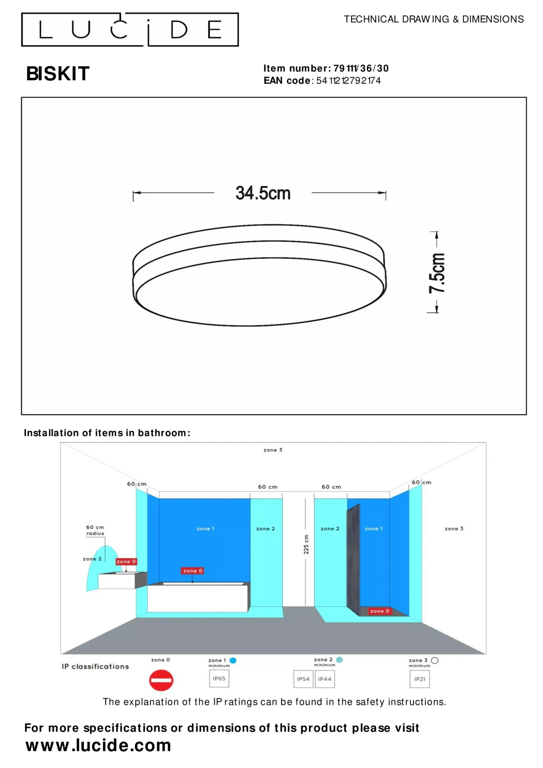 BISKIT - Plafonnière Badkamer - Ø 34,5 cm - LED - 1x24W 2700K - IP44 - Beweging & dag/nacht sensor - Zwart*Lucide New