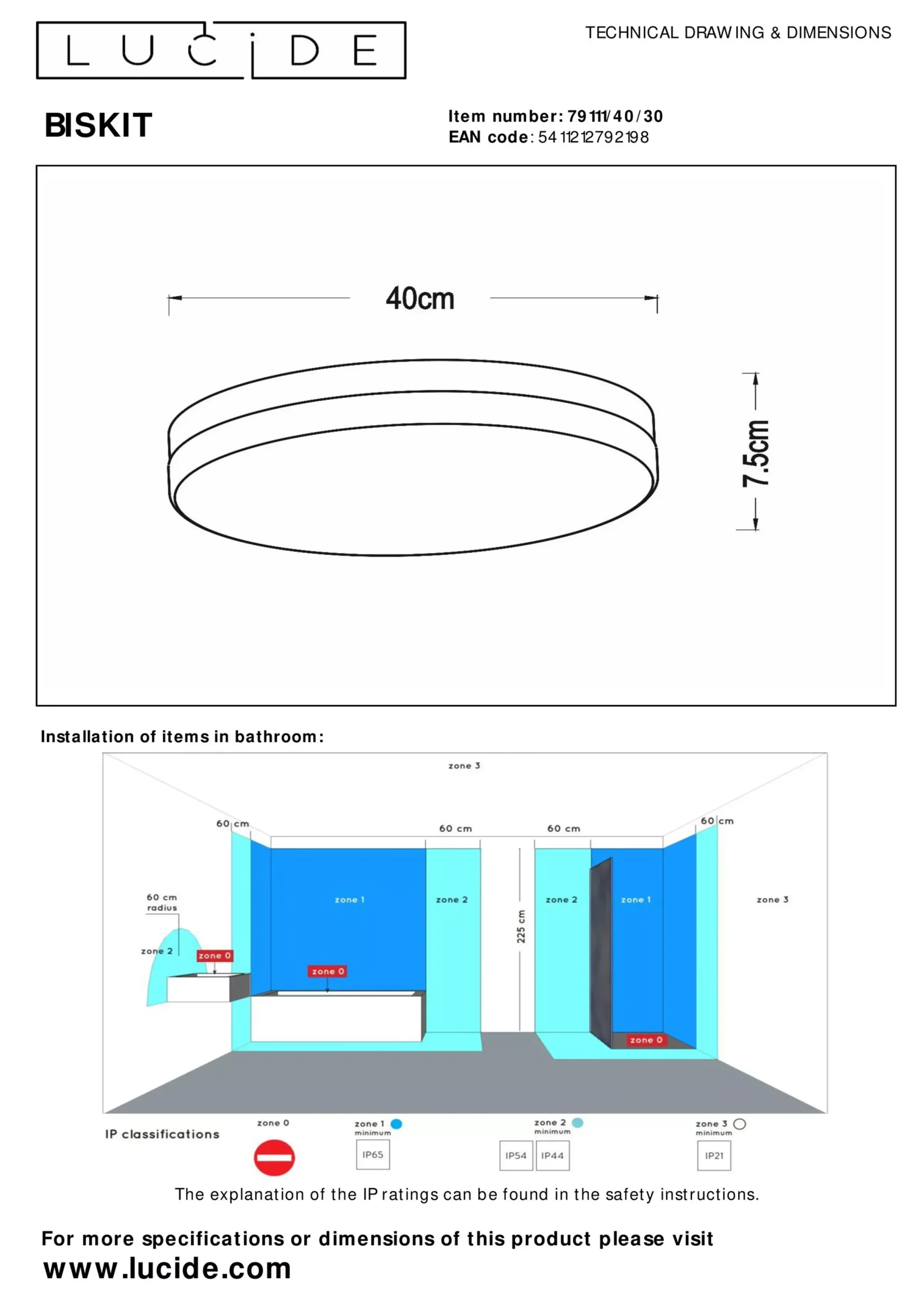 BISKIT - Plafonnière Badkamer - Ø 40 cm - LED - 1x36W 2700K - IP44 - Beweging & dag/nacht sensor - Zwart*Lucide Discount