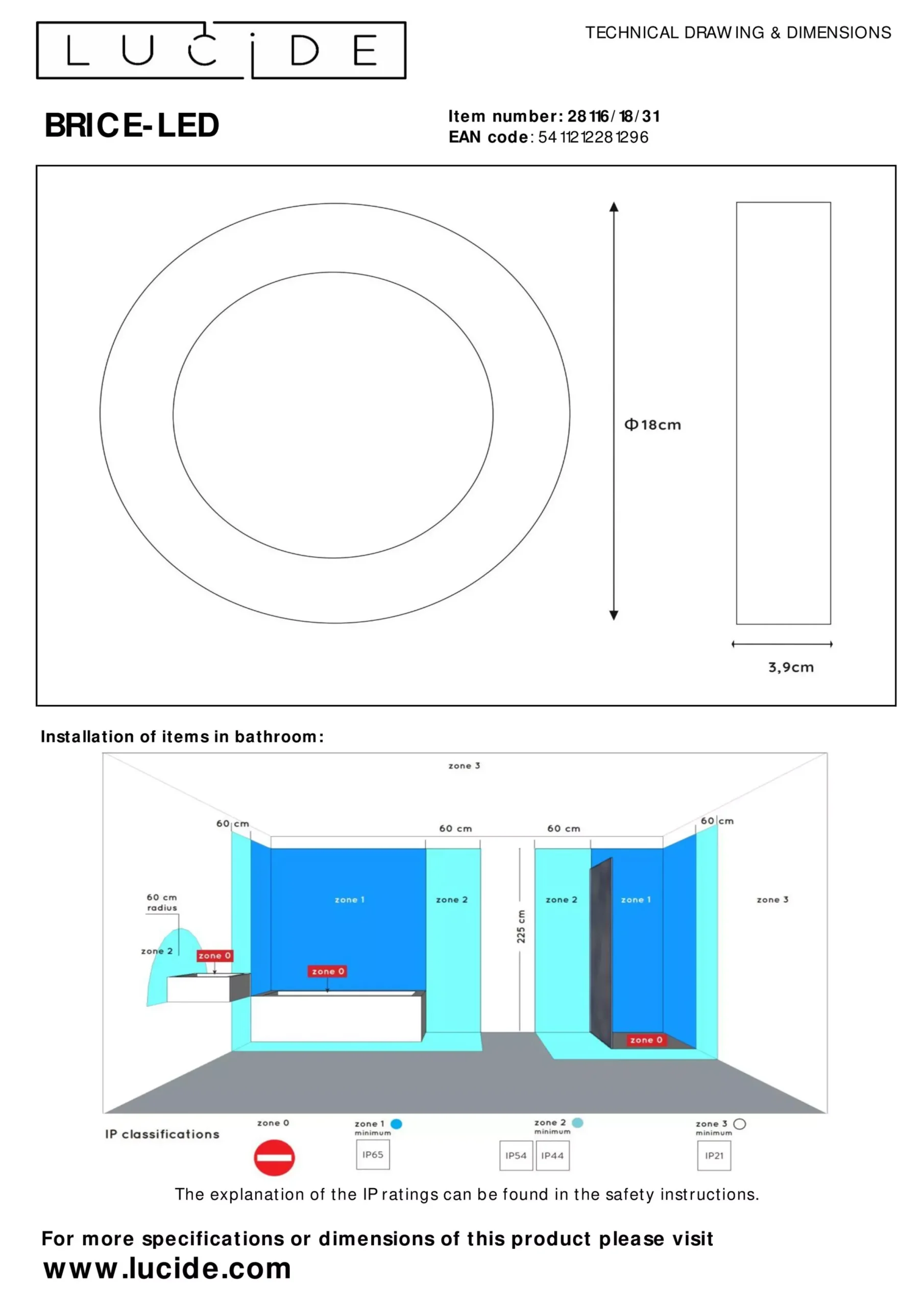 BRICE-LED - Plafonnière Badkamer - Ø 18 cm - LED Dimb. - 1x12W 3000K - IP44 - Wit*Lucide Discount