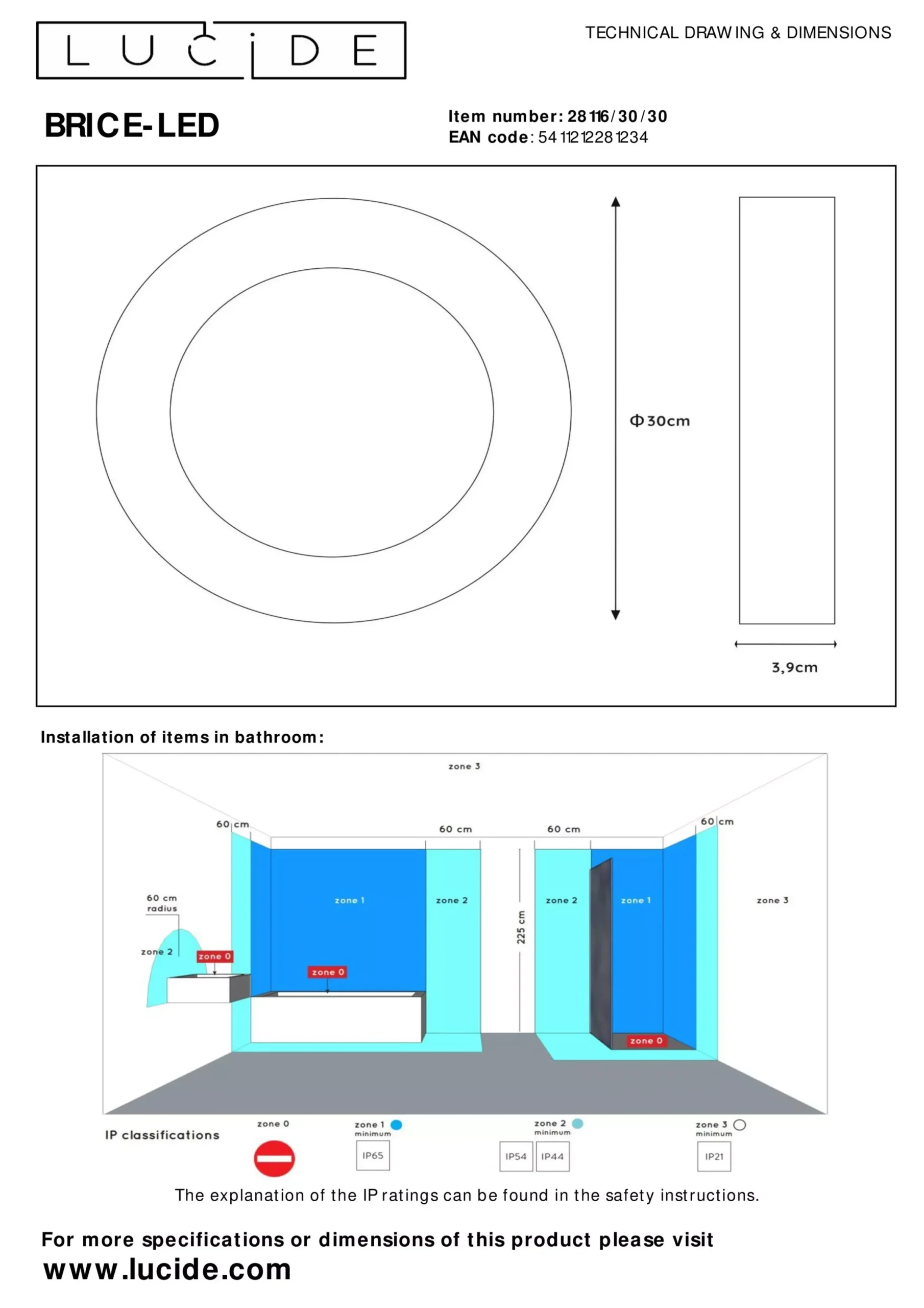 BRICE-LED - Plafonnière Badkamer - Ø 30 cm - LED Dimb. - 1x30W 3000K - IP44 - Zwart*Lucide Outlet