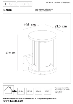 CADIX - Wandlamp Binnen/Buiten - 1xE27 - IP65 - Zwart*Lucide New