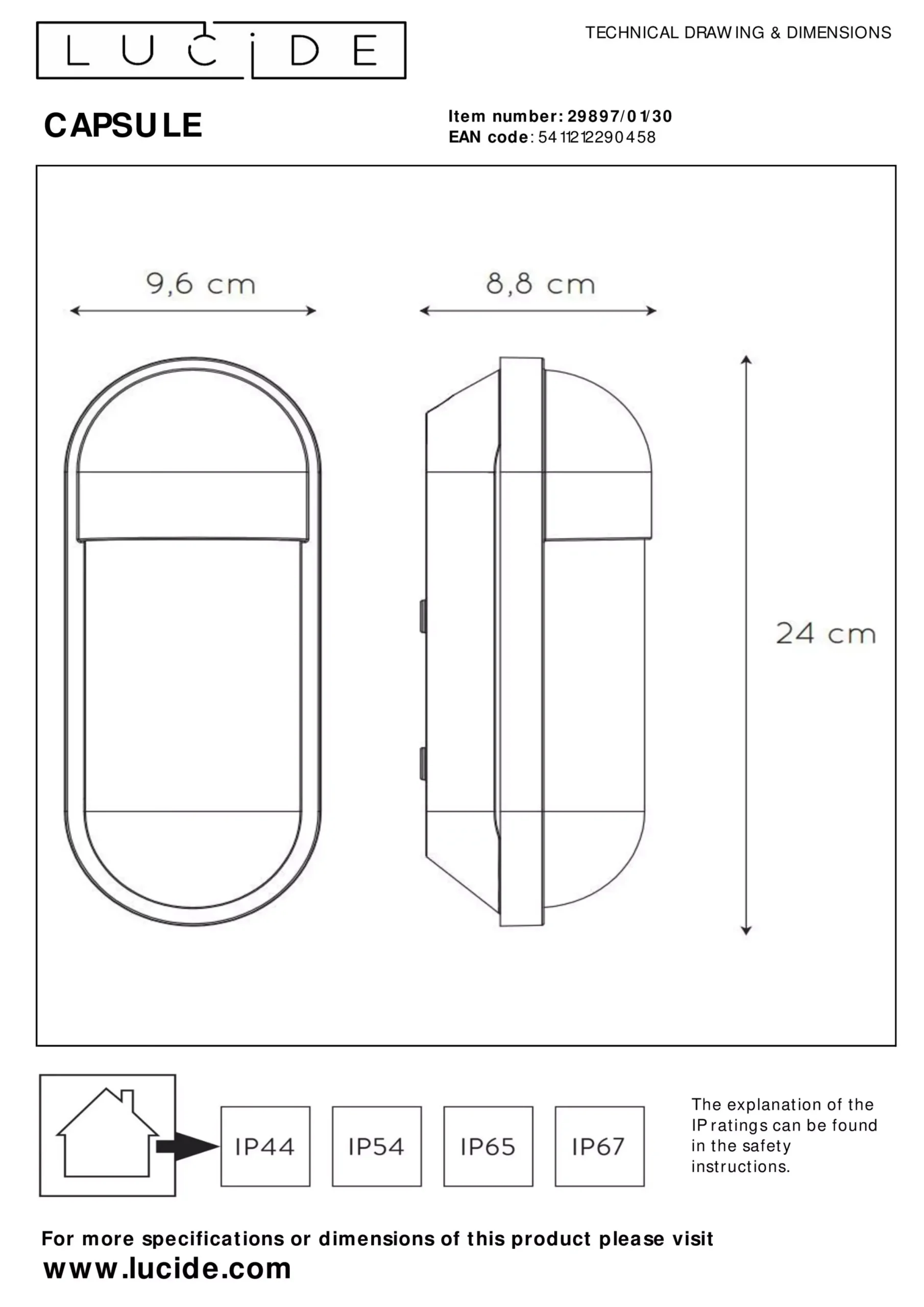 CAPSULE - Wandlamp Binnen/Buiten - 1xE27 - IP54 - Zwart*Lucide Cheap