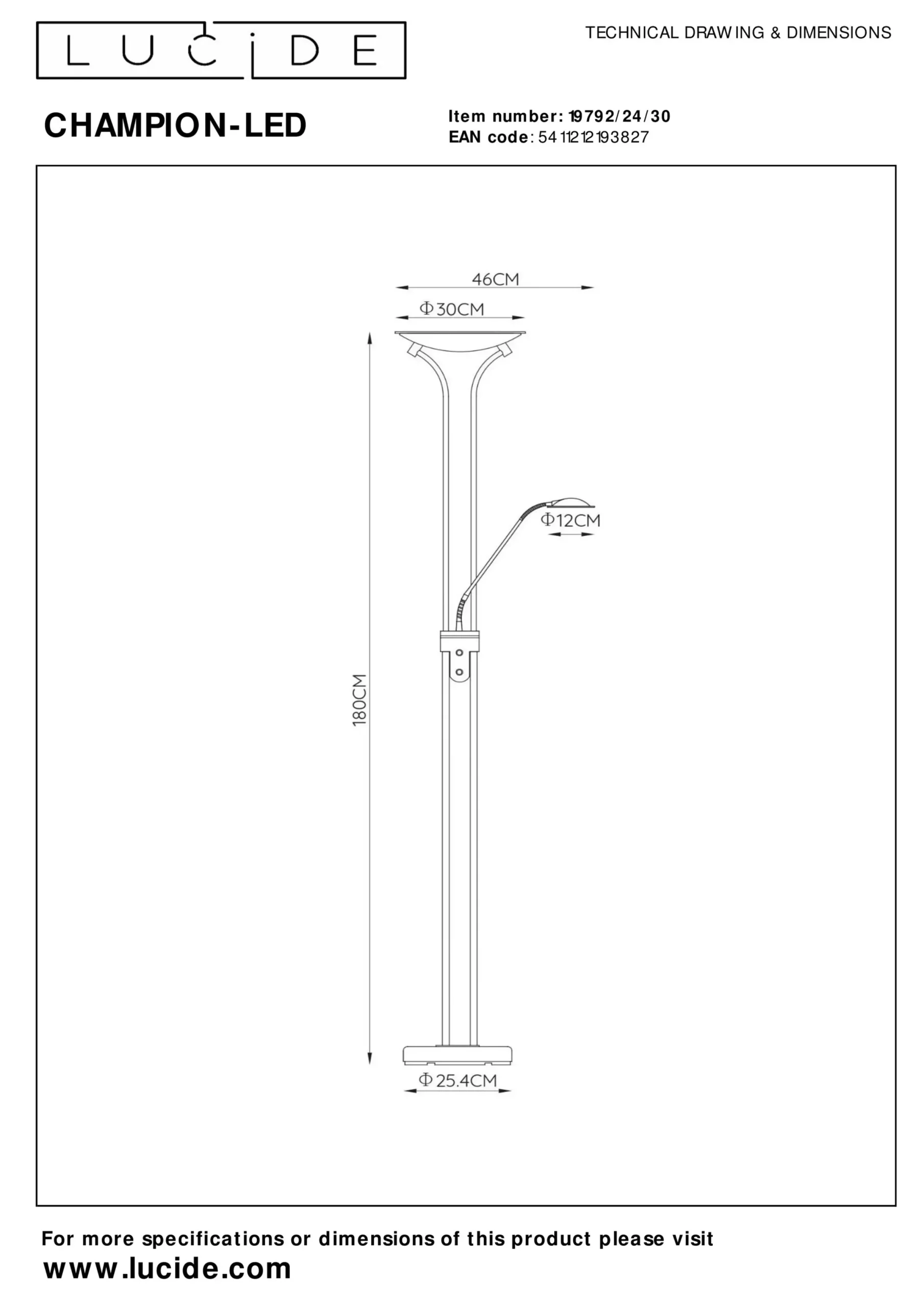 CHAMPION-LED - Leeslamp - Ø 30 cm - LED Dimb. - 3000K - Zwart*Lucide Outlet
