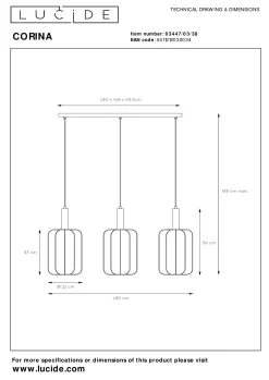 CORINA - Hanglamp - 3xE27 - Beige*Lucide Online