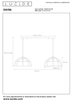 DIKRA - Hanglamp - 2xE27 - Zwart*Lucide Hot