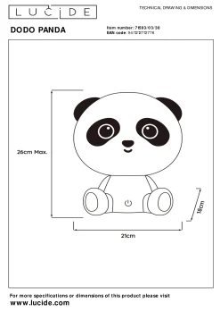 DODO PANDA - Tafellamp Kinderkamer - LED 3 StepDim - 1x3W 4000K - Zwart*Lucide Outlet