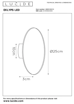EKLYPS LED - Wandlamp - Ø 25 cm - LED - 1x9W 3000K - Wit*Lucide Cheap