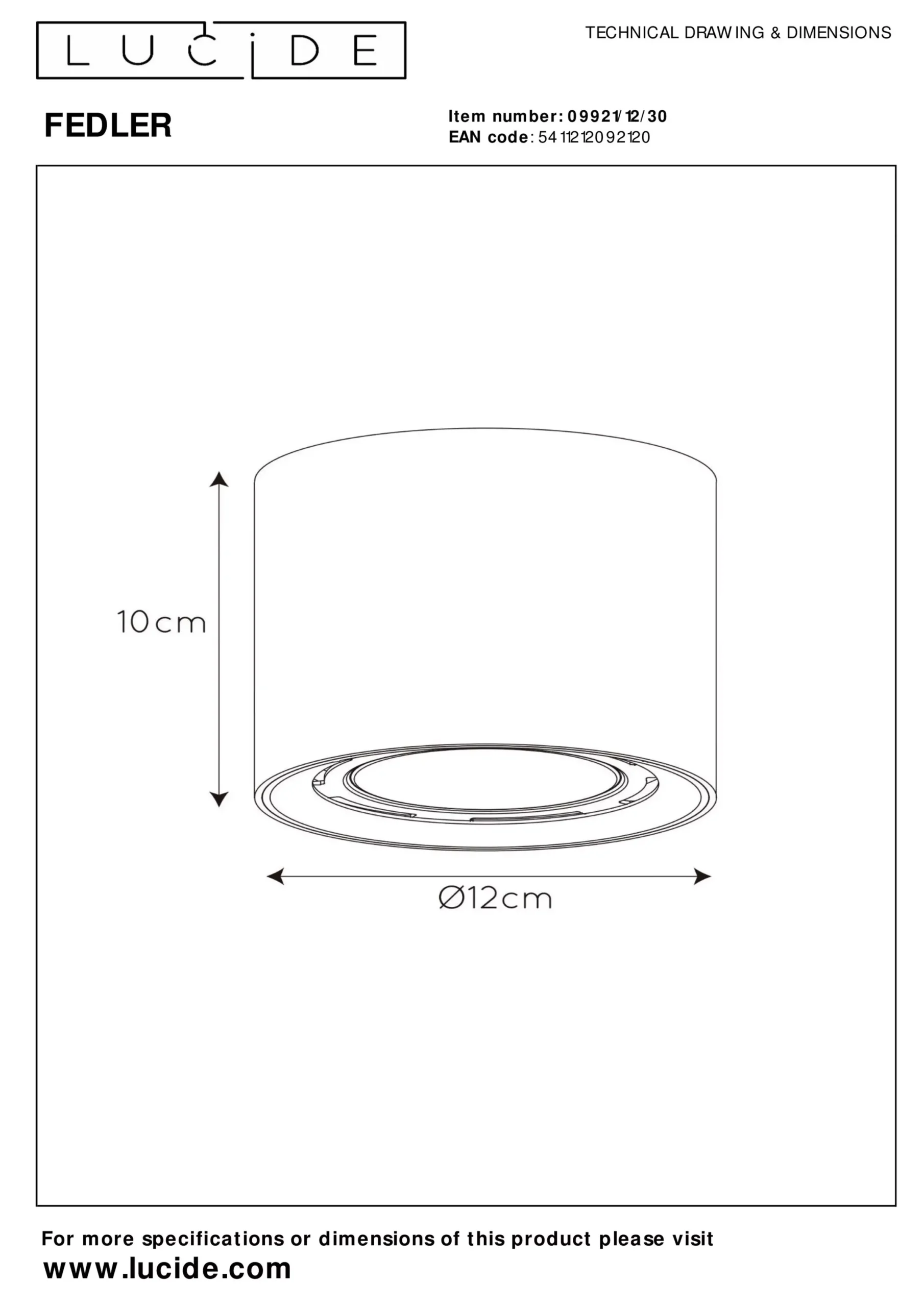 FEDLER - Plafondspot - Ø 12 cm - LED Dim to warm - GU10 (ES111) - 1x12W 2200K/3000K - Zwart*Lucide Outlet