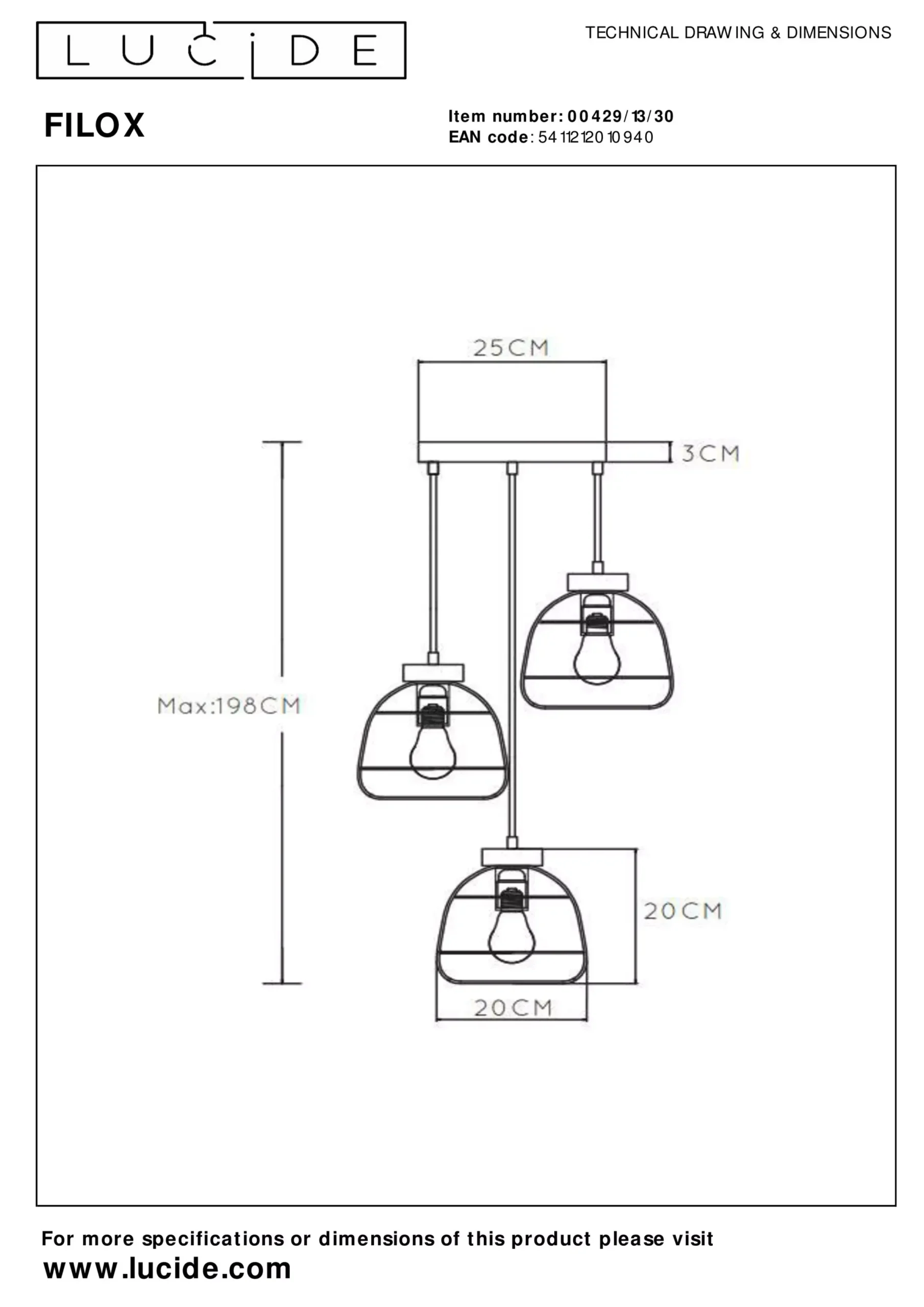 FILOX - Hanglamp - Ø 44,5 cm - 3xE27 - Zwart*Lucide New