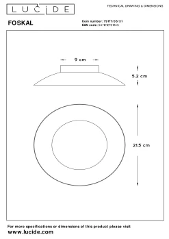 FOSKAL - Plafonnière - Ø 21,5 cm - LED - 1x6W 2700K - Wit*Lucide New