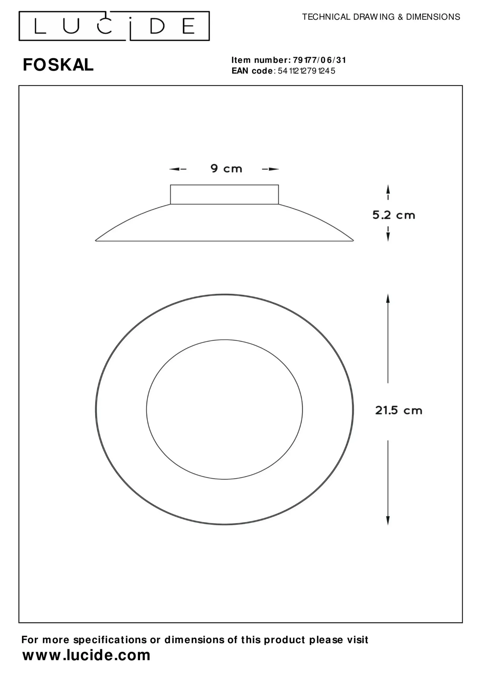 FOSKAL - Plafonnière - Ø 21,5 cm - LED - 1x6W 2700K - Wit*Lucide New