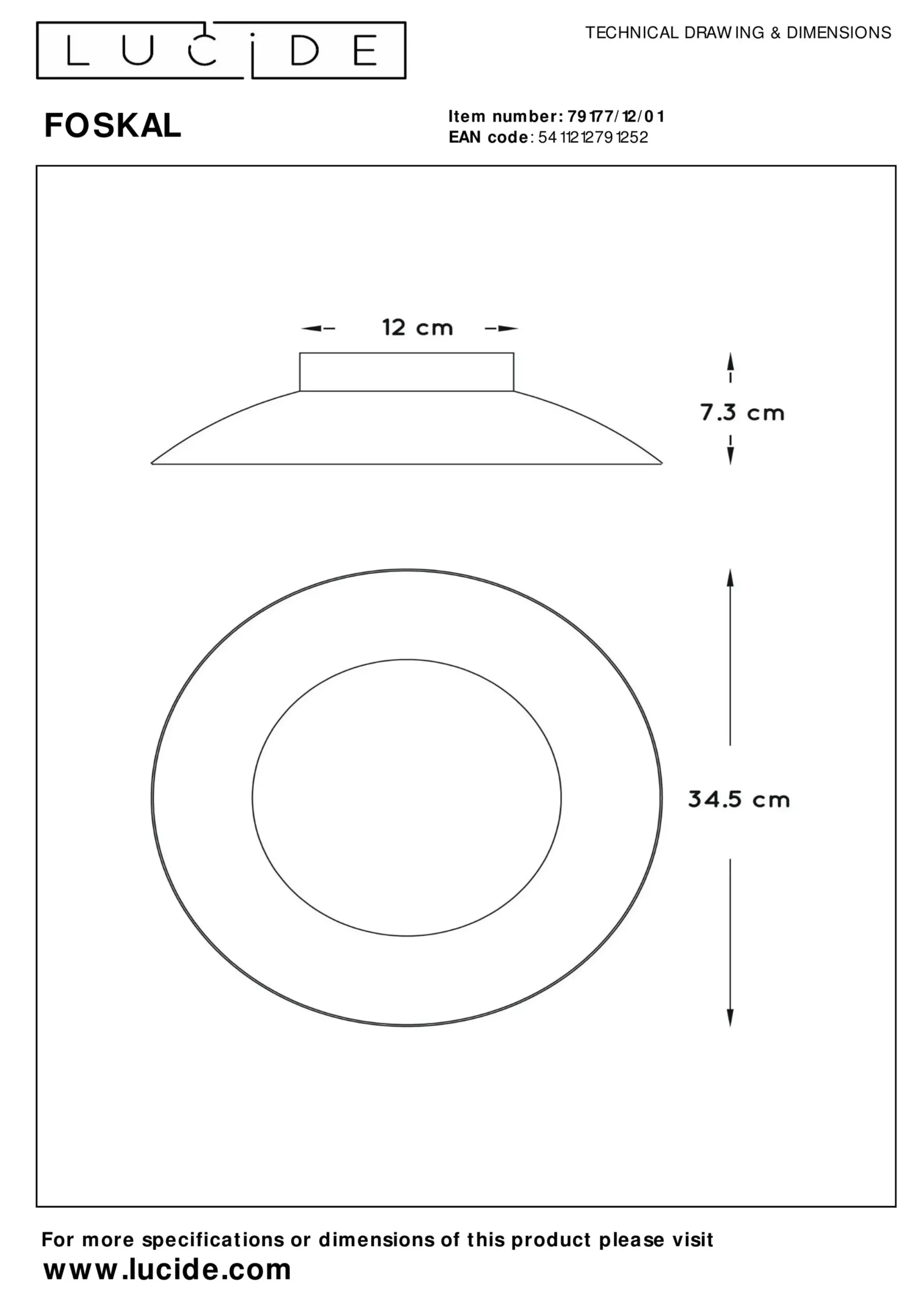 FOSKAL - Plafonnière - Ø 34,5 cm - LED - 1x12W 2700K - Messing*Lucide Fashion