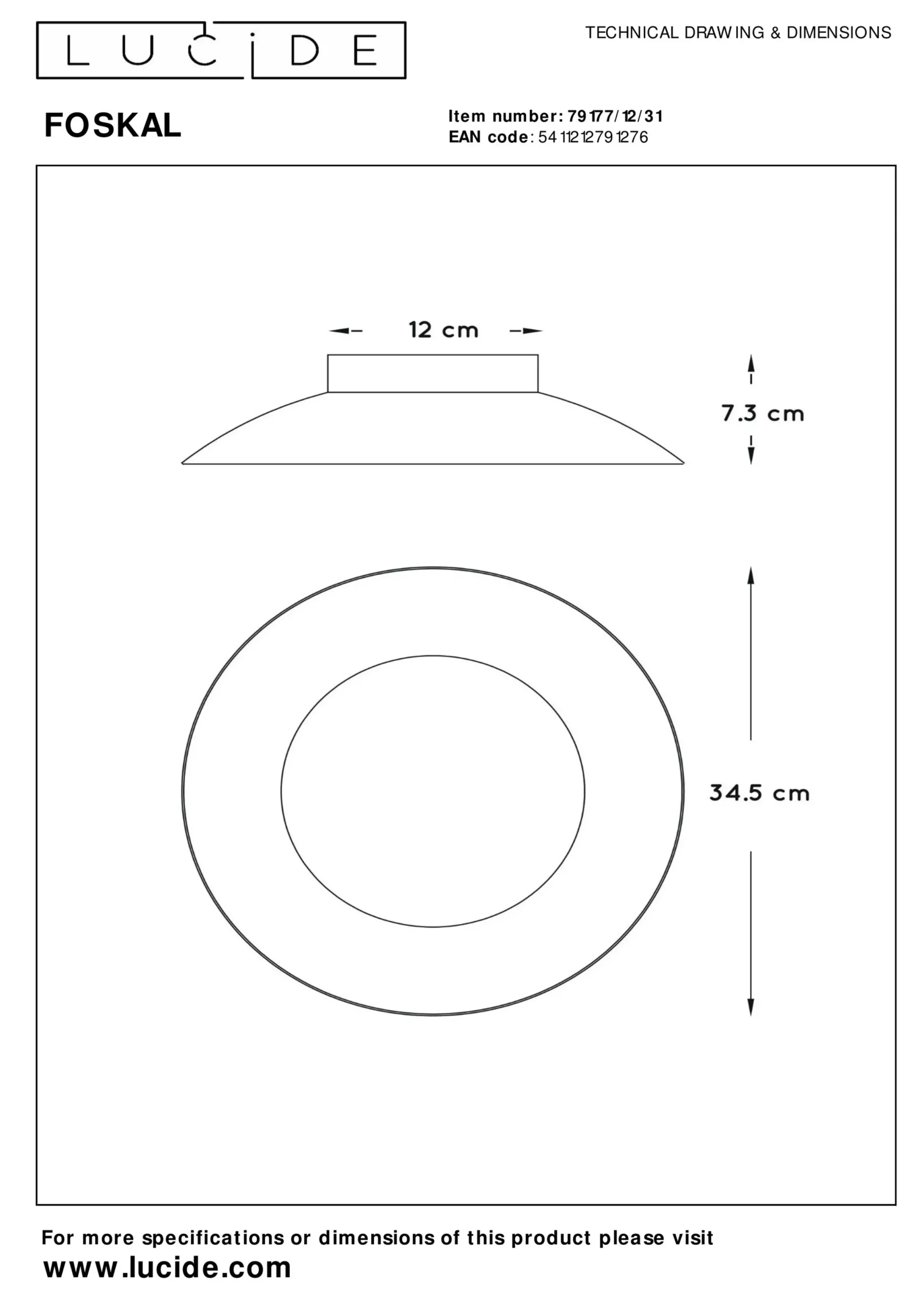 FOSKAL - Plafonnière - Ø 34,5 cm - LED - 1x12W 2700K - Wit*Lucide Flash Sale