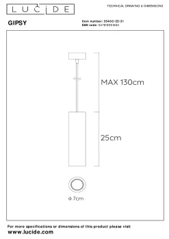 GIPSY - Hanglamp - Ø 7 cm - 1xGU10 - Wit*Lucide Discount