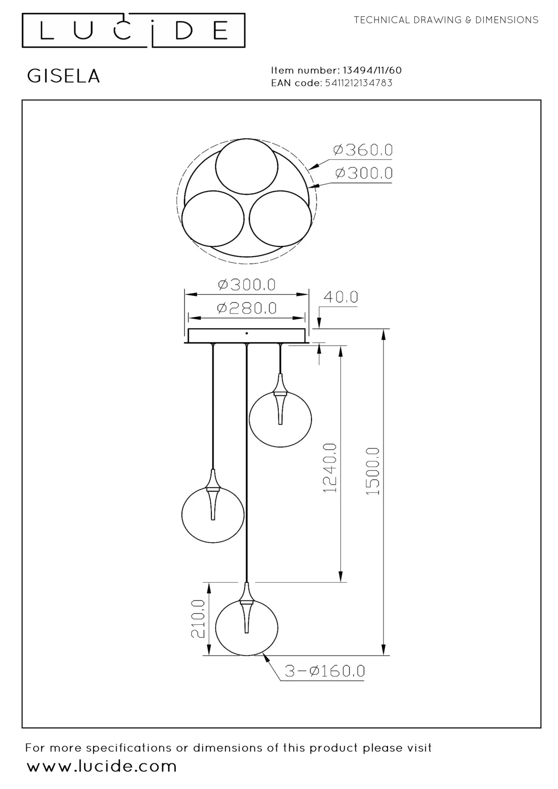 GISELA - Hanglamp - Ø 36 cm - LED Dimb. - 3x4,3W 2700K - Transparant*Lucide Best