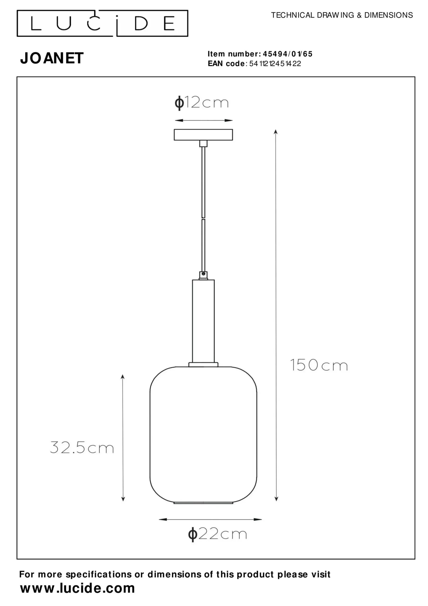JOANET - Hanglamp - Ø 22 cm - 1xE27 - Fumé*Lucide Discount