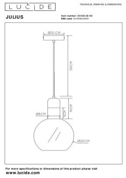 JULIUS - Hanglamp - Ø 20 cm - 1xE27 - Fumé*Lucide New