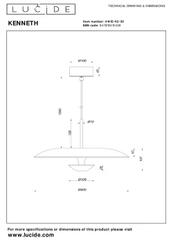 KENNETH - Hanglamp - Ø 40 cm - LED Dimb. - 1x12W 2700K - Zwart*Lucide Discount