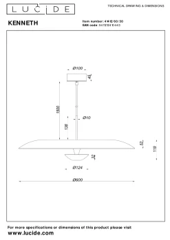 KENNETH - Hanglamp - Ø 60 cm - LED Dimb. - 1x16W 2700K - Zwart*Lucide New