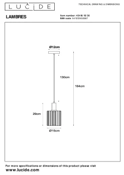 LAMBRES - Hanglamp - Ø 15 cm - 1xE27 - Zwart*Lucide Fashion
