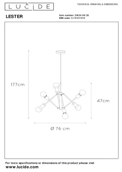 LESTER - Hanglamp - 6xE27 - Zwart*Lucide Outlet