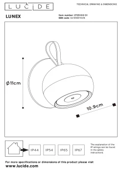LUNEX - Oplaadbare Wandlamp Binnen/Buiten - Accu/Batterij - LED Dimb. - 1x2W 3000K - IP54 - Magnetisch - Wit*Lucide Store