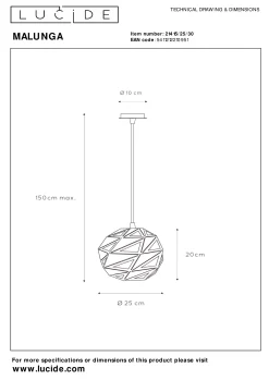MALUNGA - Hanglamp - Ø 25 cm - 1xE27 - Zwart*Lucide Clearance