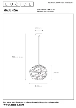 MALUNGA - Hanglamp - Ø 25 cm - 1xE27 - Wit*Lucide Cheap