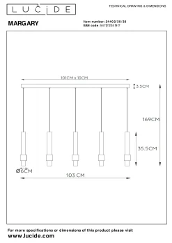 MARGARY - Hanglamp - LED Dimb. - 5x4,2W 2700K - Zwart*Lucide Shop