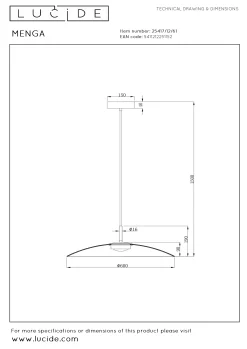 MENGA - Hanglamp - Ø 60 cm - LED Dimb. - 1x18,6W 2700K - Opaal*Lucide Cheap