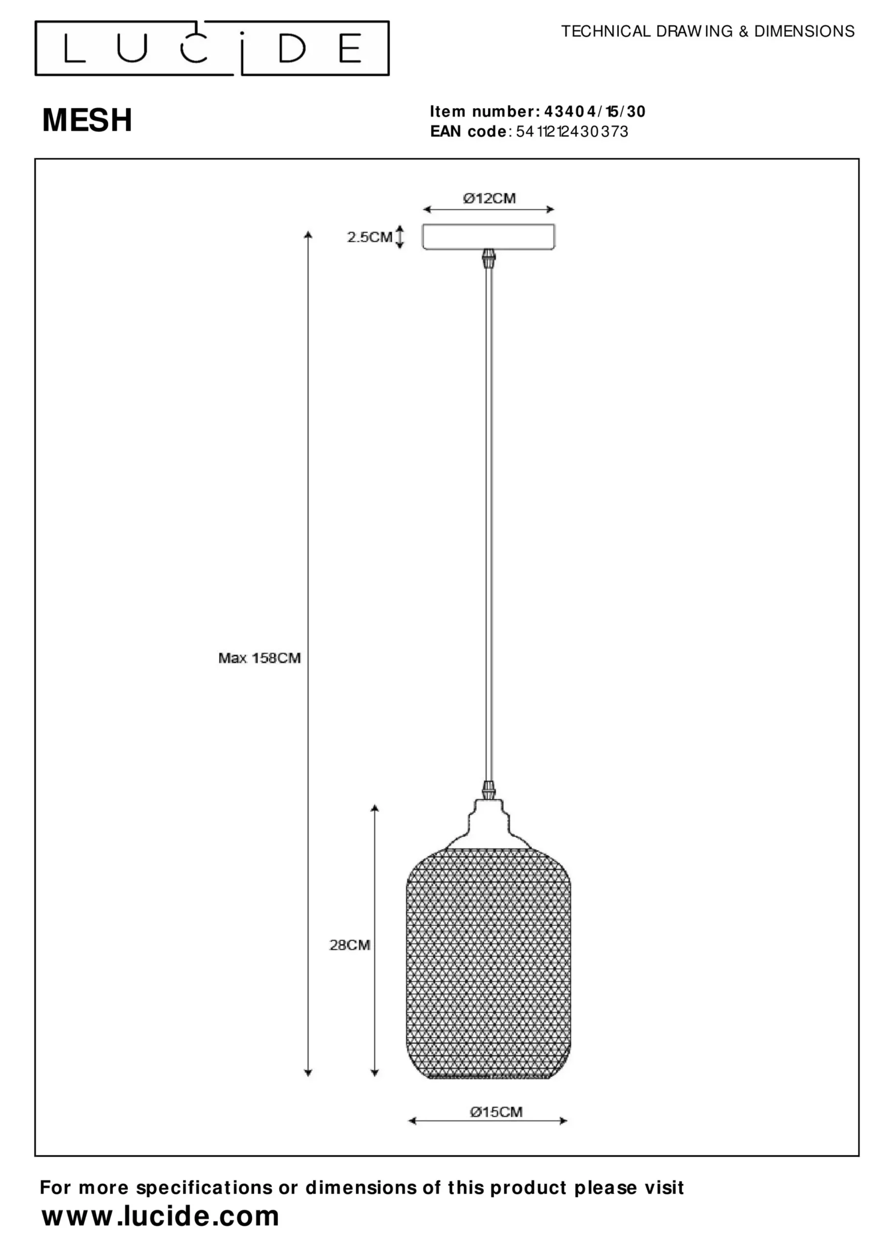 MESH - Hanglamp - Ø 15 cm - 1xE27 - Zwart*Lucide Outlet