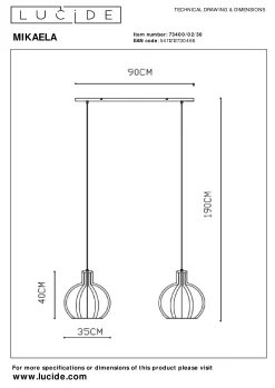MIKAELA - Hanglamp - 2xE27 - Zwart*Lucide Outlet