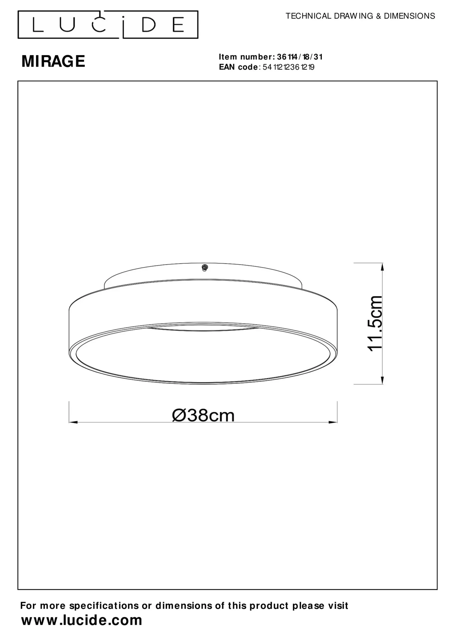 MIRAGE - Plafonnière - Ø 38 cm - LED Dimb. - 1x22W 2700K - Wit*Lucide Hot
