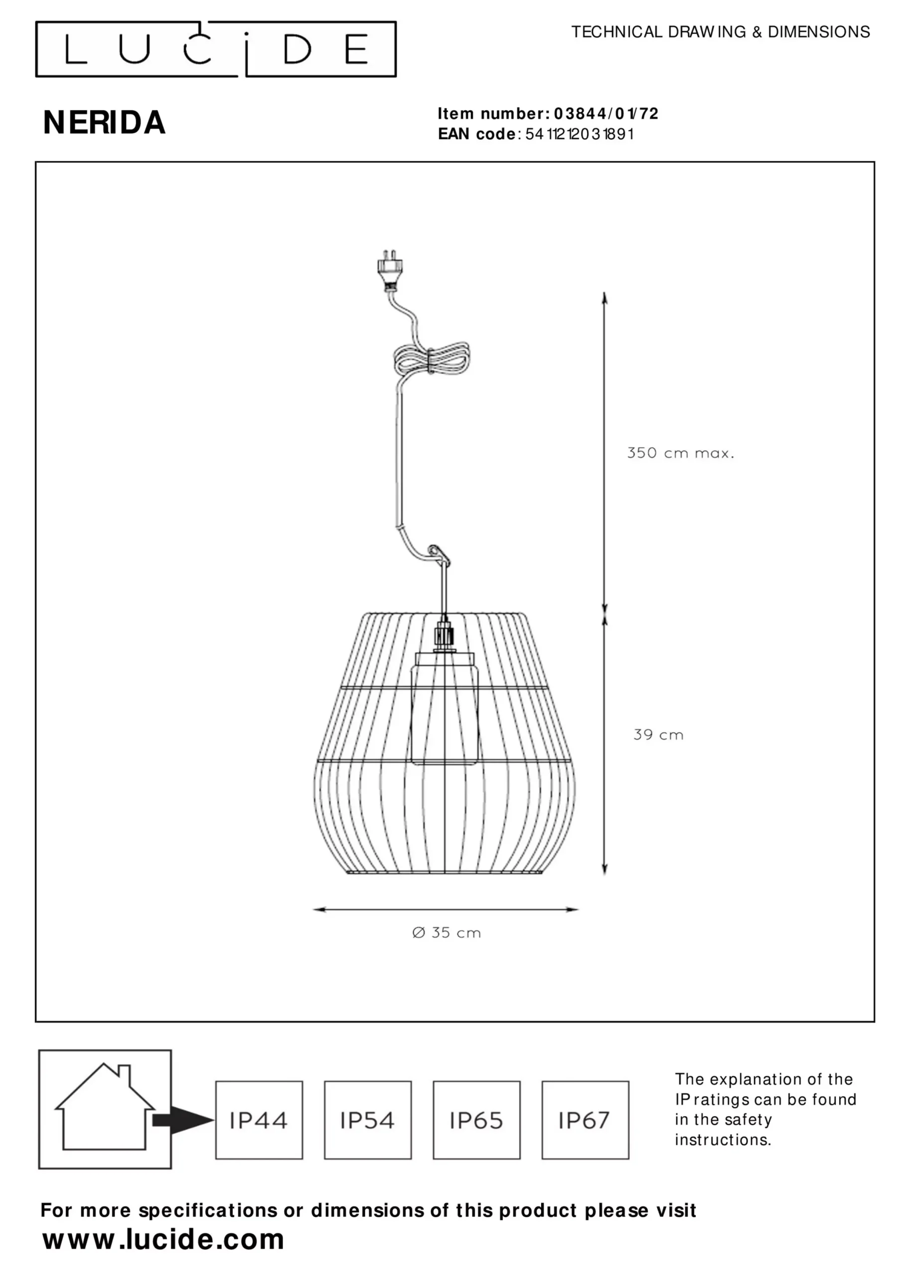 NERIDA - Hanglamp Binnen/Buiten - Ø 35 cm - 1xE27 - IP44 - Naturel*Lucide Best