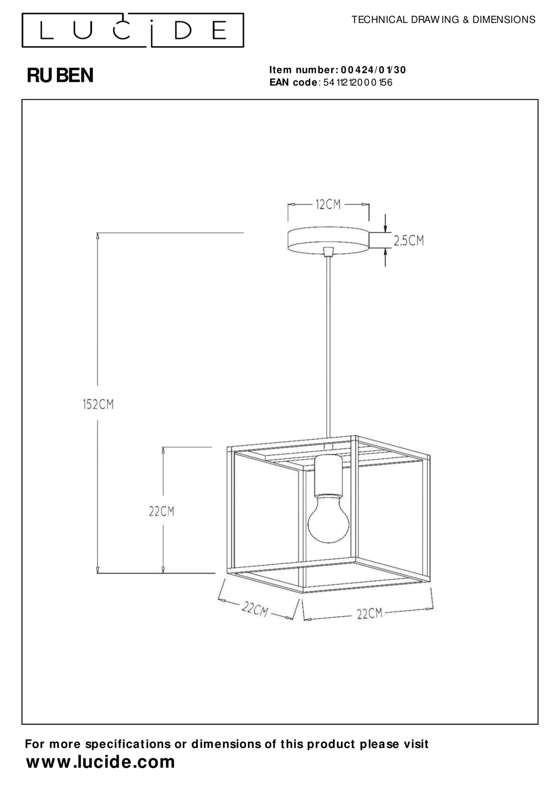 RUBEN - Hanglamp - 1xE27 - Zwart*Lucide Store