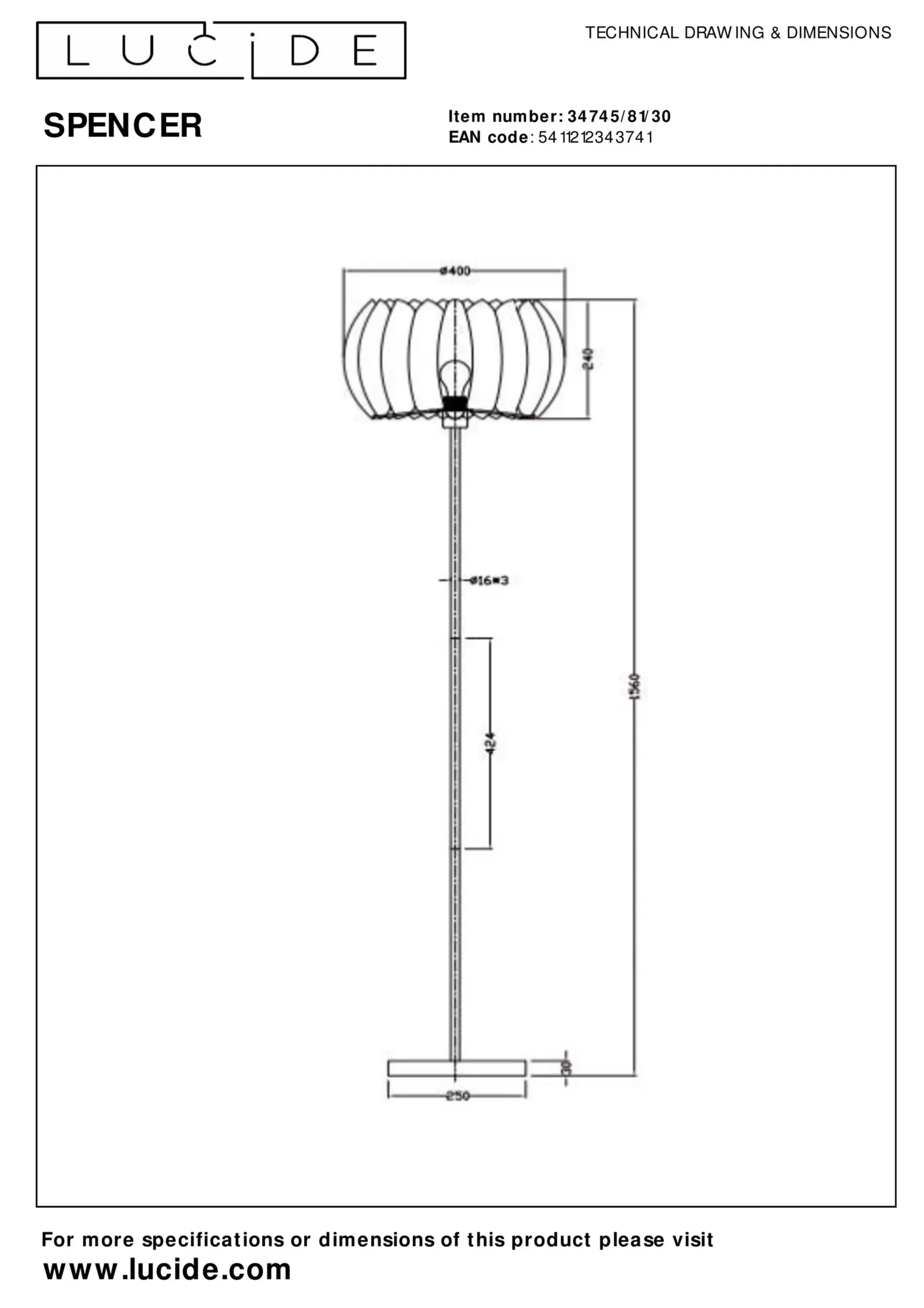 SPENCER - Vloerlamp - Ø 40 cm - 1xE27 - Zwart*Lucide Outlet