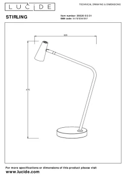 STIRLING - Oplaadbare Tafellamp - Accu/Batterij - LED 3 StepDim - 1x3W 2700K - Wit*Lucide New