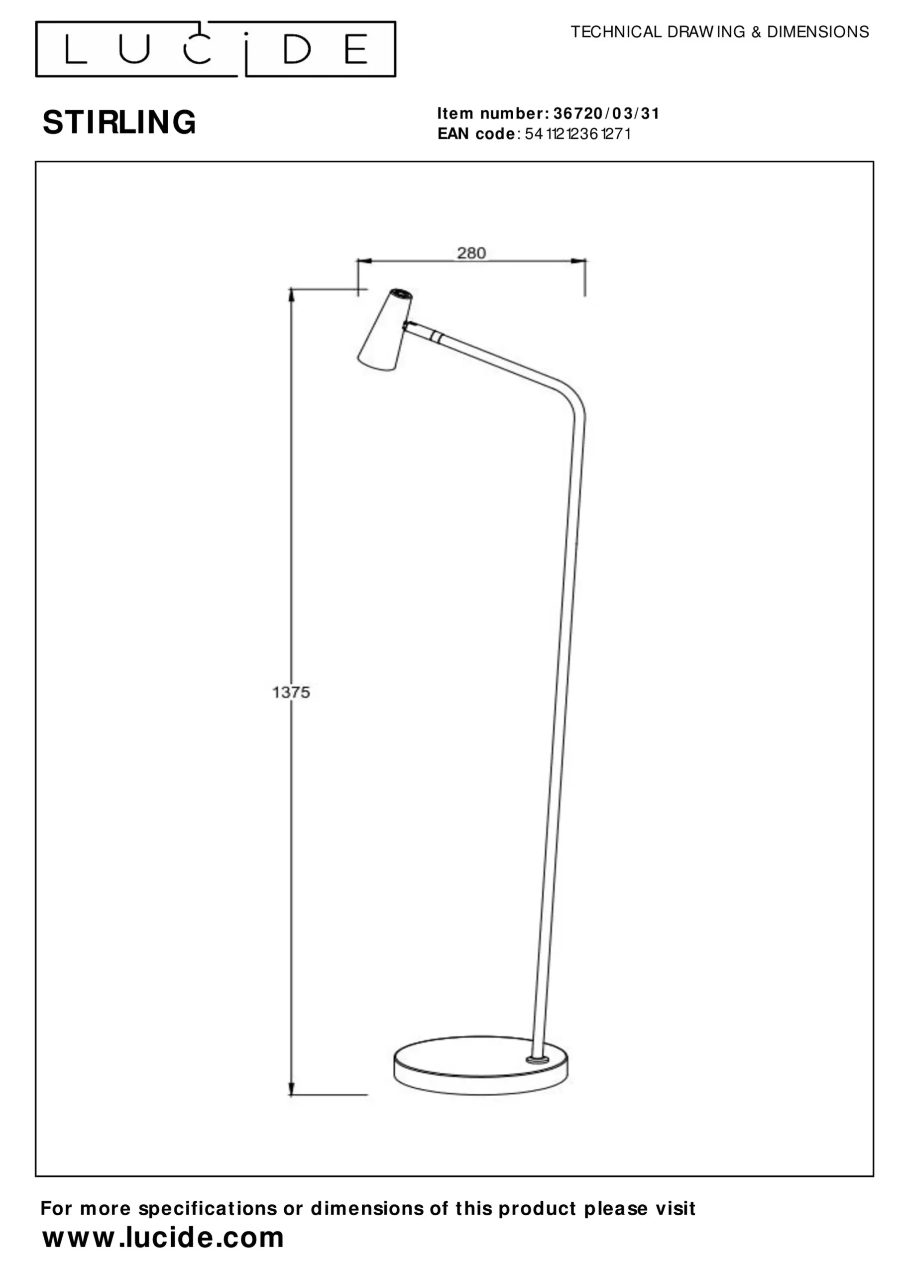 STIRLING - Oplaadbare Vloerlamp - Accu/Batterij - LED 3 StepDim - 1x3W 2700K - Wit*Lucide Outlet