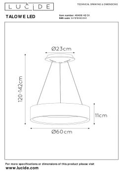 TALOWE LED - Hanglamp - Ø 60 cm - LED Dimb. - 1x39W 3000K - Wit*Lucide Cheap
