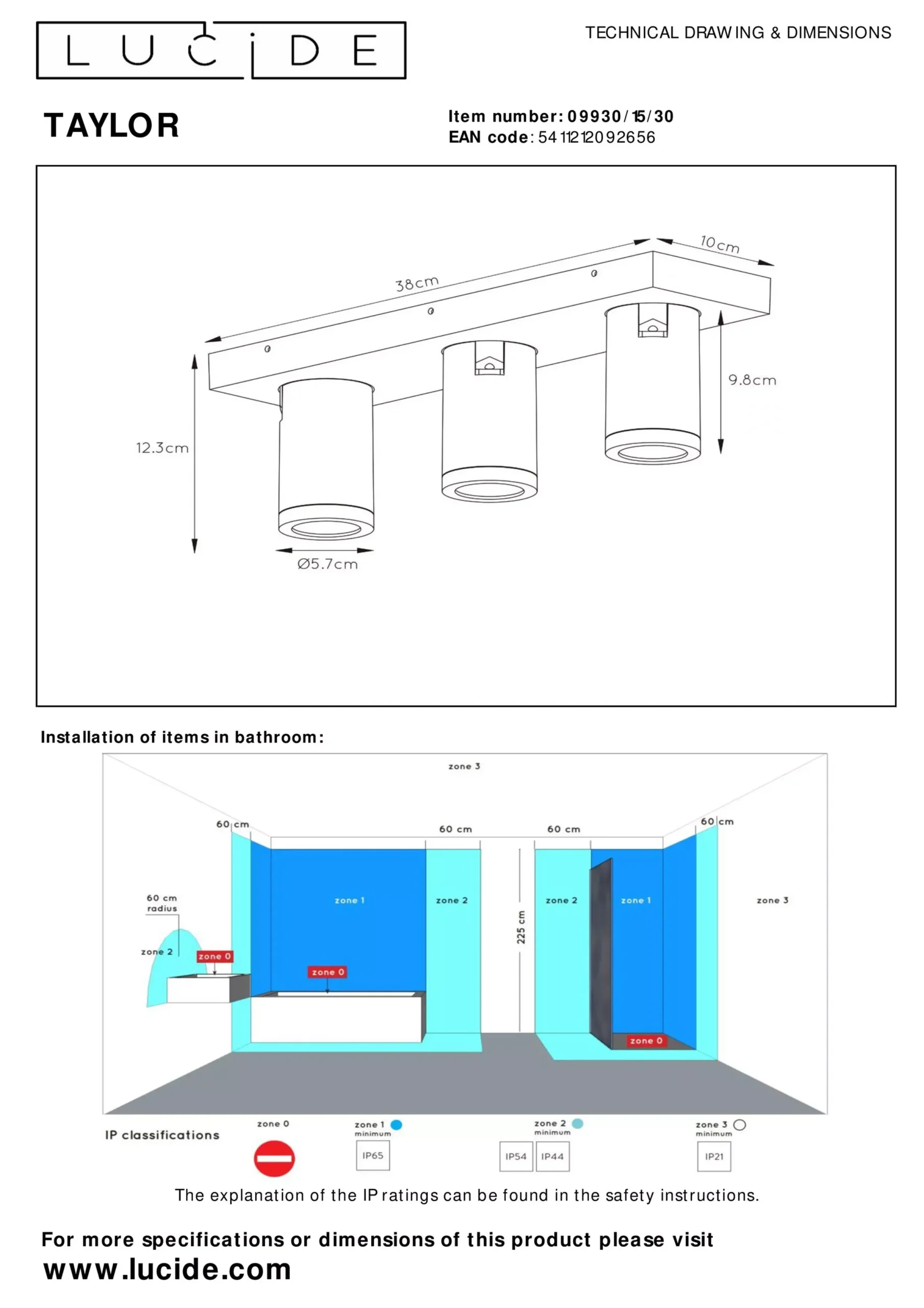 TAYLOR - Plafondspot Badkamer - LED Dim to warm - GU10 - 3x5W 2200K/3000K - IP44 - Zwart*Lucide Best