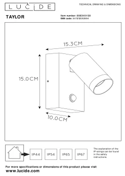 TAYLOR - Wandspot / Wandlamp Binnen/Buiten - 1xGU10 - IP54 - Beweging & dag/nacht sensor - Zwart*Lucide Store