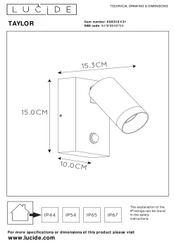 TAYLOR - Wandspot / Wandlamp Binnen/Buiten - 1xGU10 - IP54 - Beweging & dag/nacht sensor - Wit*Lucide Hot