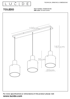 TOLEDO - Hanglamp - Ø 20 cm - 3xE27 - Amber*Lucide Fashion