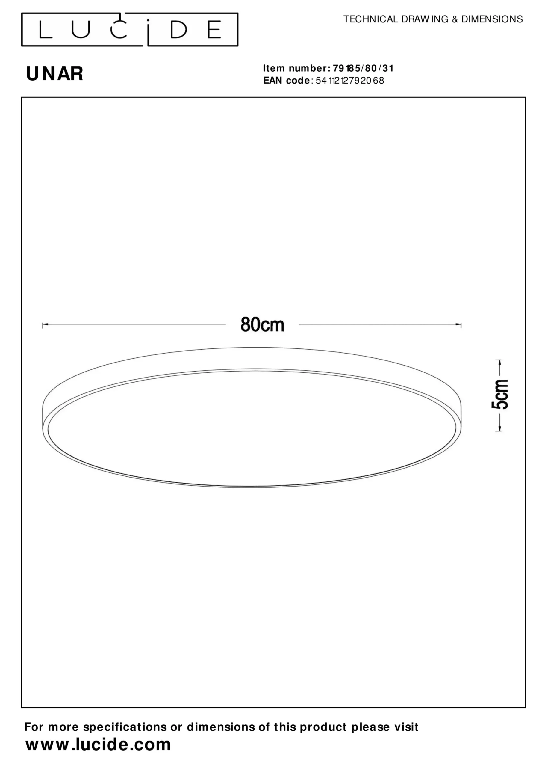 UNAR - Plafonnière - Ø 80 cm - LED 3 StepDim - 1x80W 2700K - Wit*Lucide New