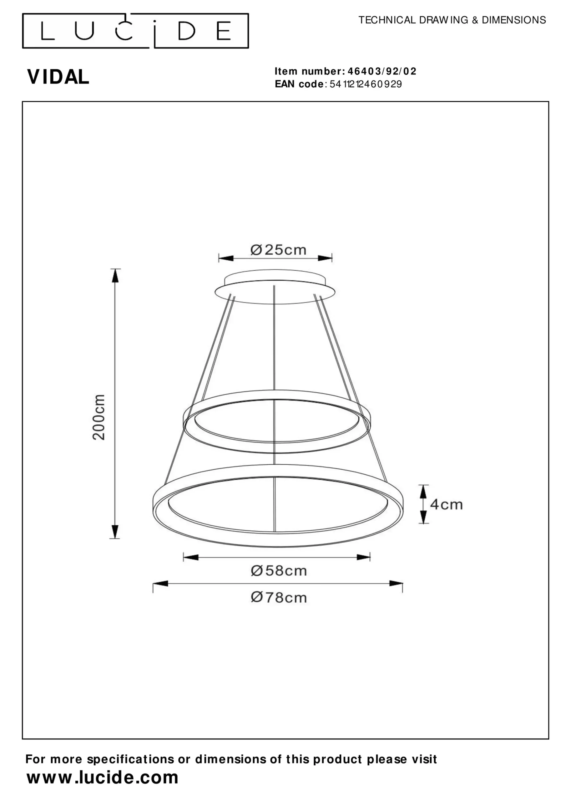 VIDAL - Hanglamp - Ø 78 cm - LED Dimb. - 1x92W 2700K - Mat Goud / Messing*Lucide Clearance