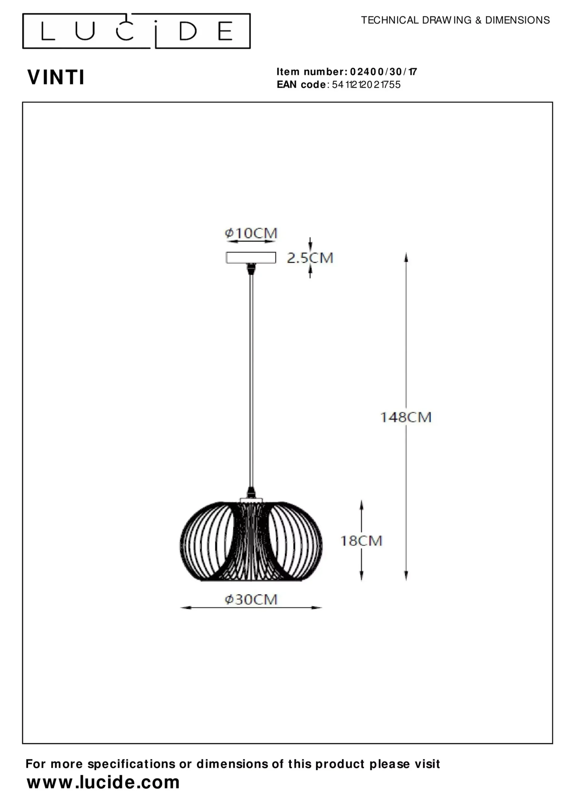 VINTI - Hanglamp - Ø 30 cm - 1xE27 - Koper*Lucide Fashion